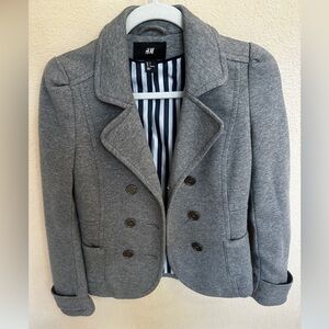 H&M Grey Double-Breasted Peacoat Jacket | Size 36 | Striped Lining EUC